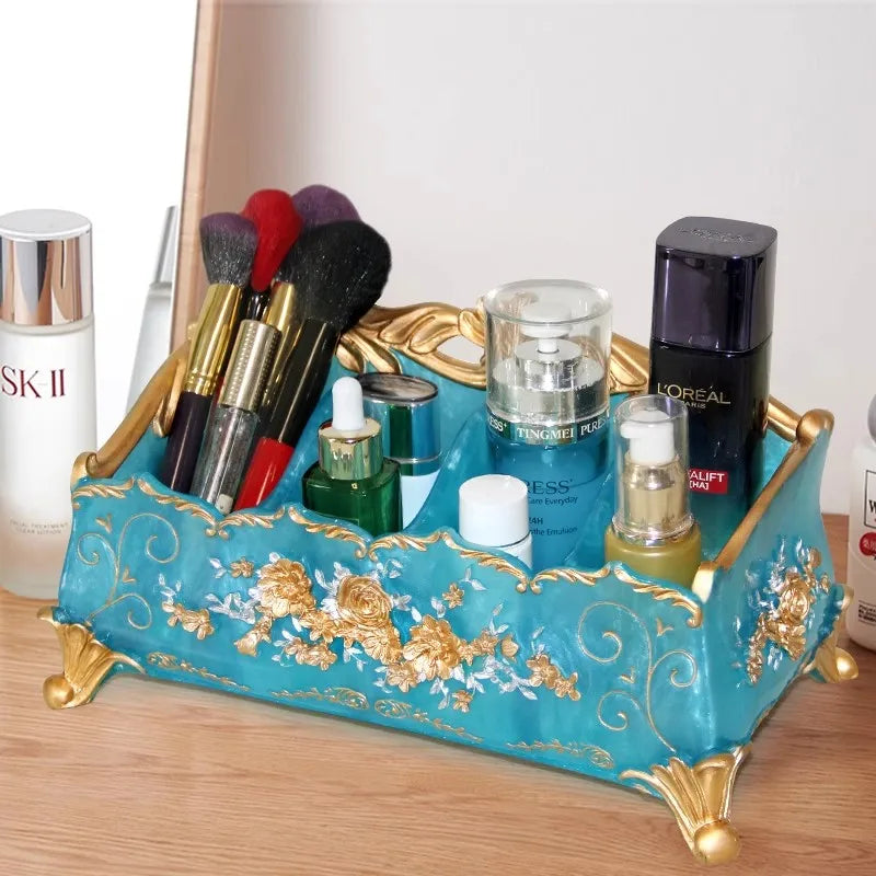 organisateur maquillage réutilisable résine fleurée classique beige doré rose bleu