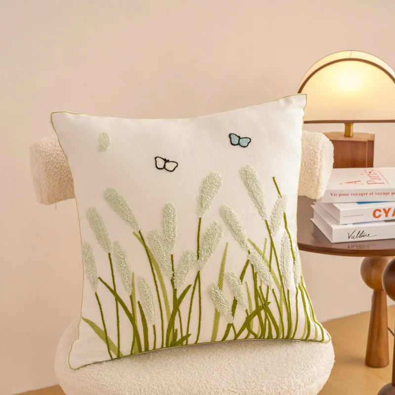housse coussin brodée motif floral moderne poly coton décoration intérieure blanc vert bleu jaune
