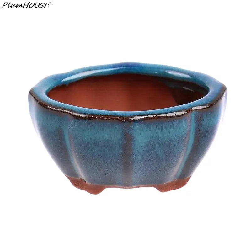 cache pot céramique bleu brun texture floraux classique artisanal plante maison