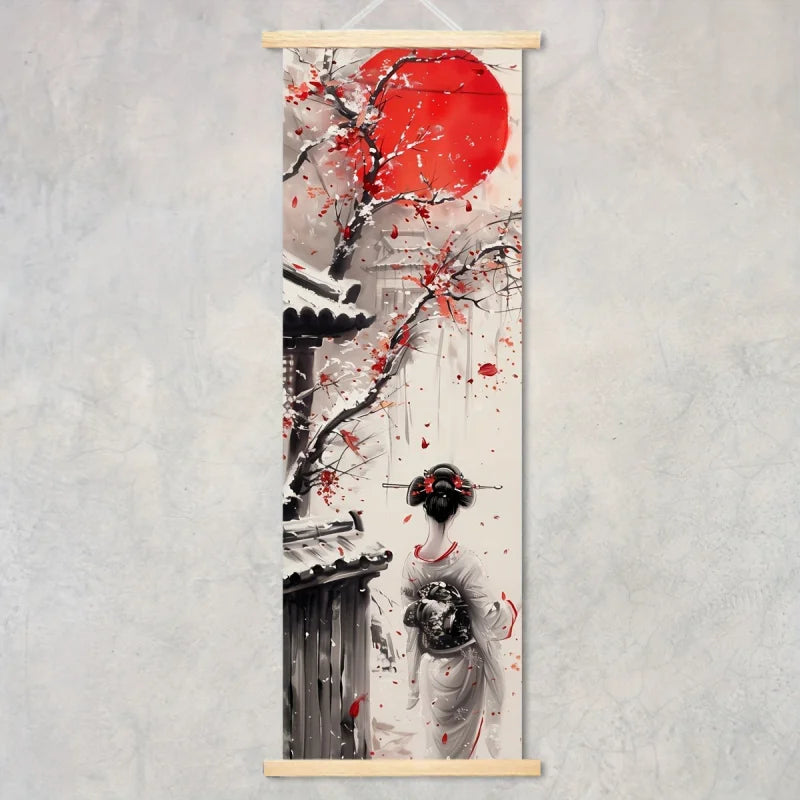 toile d'art japonaise contemporaine peinture abstraite fleurs cerisier cadre bois suspendue chambre salon