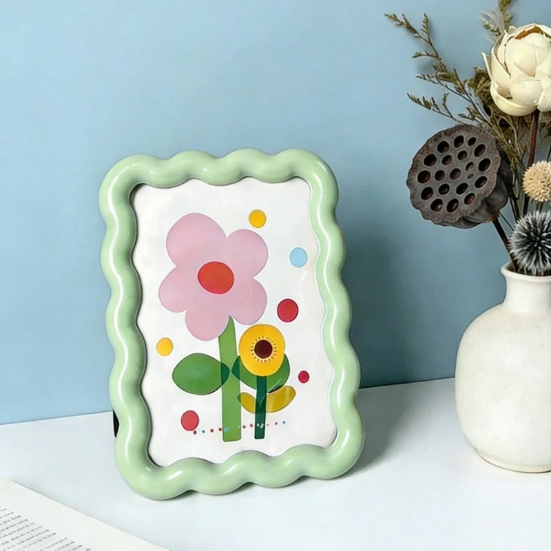 Cadre photo moderne fleurs colorées pois vert clair rose jaune blanc rouge vert foncé