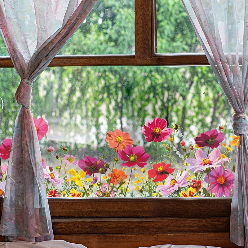 décoration fenêtre stickers fleurs colorées herbe nuages bois adhésif champêtre floral vases plantes