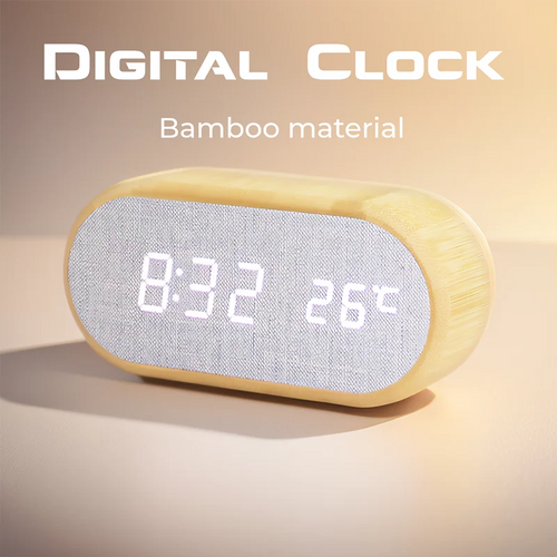 réveil numérique moderne affichage heure température bois bambou minimaliste écran led thermomètre alarme chambre