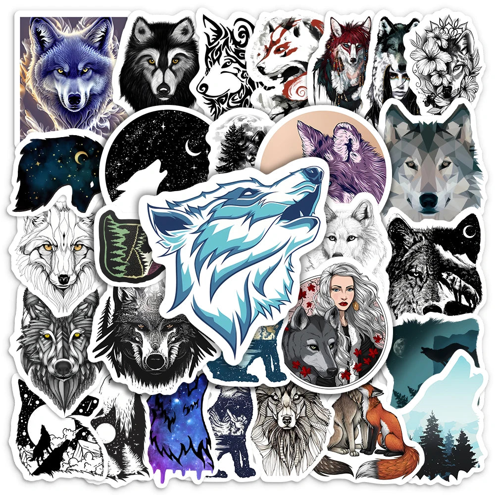 sticker adhésif waterproof loup paysage nocturne visage féminin motifs géométriques multi couleur art numérique