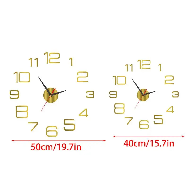 horloge murale 3D lumineuse verte rouge dorée moderne adhésive 50cm 40cm numéros blancs