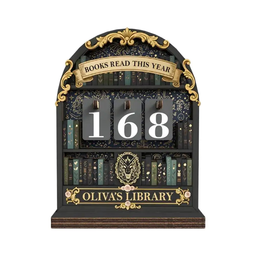 décoration bibliothèque miniature vintage suivi livres lus chiffres rotatifs bois floral doré salon chambre