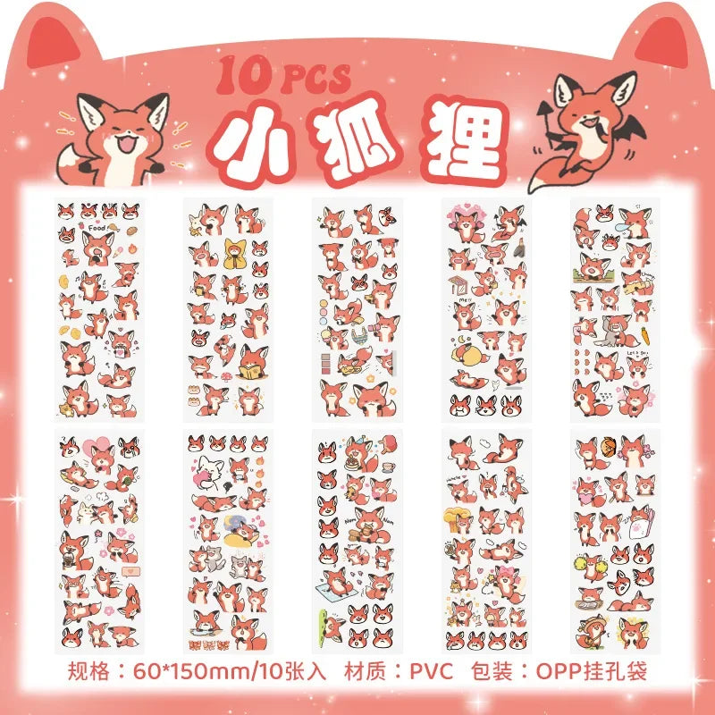 sticker kawaii adhésif dessins animés chats floraux textes scrapbooking transparent rose vert bleu blanc