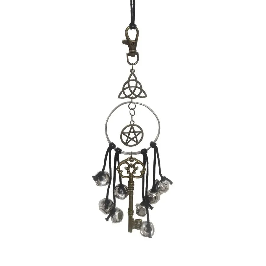 porte clés vintage pentagramme clé antique clochettes boho chic ornement métallique doré chaîne noire
