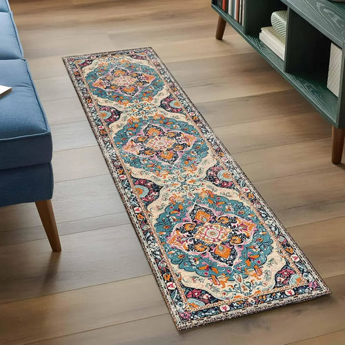tapis couloir persan motif floral vintage bleu beige intérieur maison antidérapant polyester