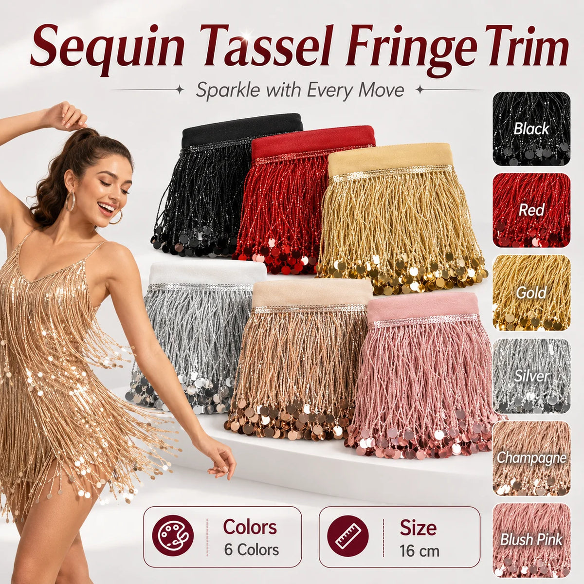 ruban franges sequins noir or argent champagne couture tissu élégant fêtes decoration