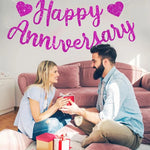 guirlande décorative happy anniversary lettres pailletées coeurs ballons cadeaux gâteau bougies festifs rouge or