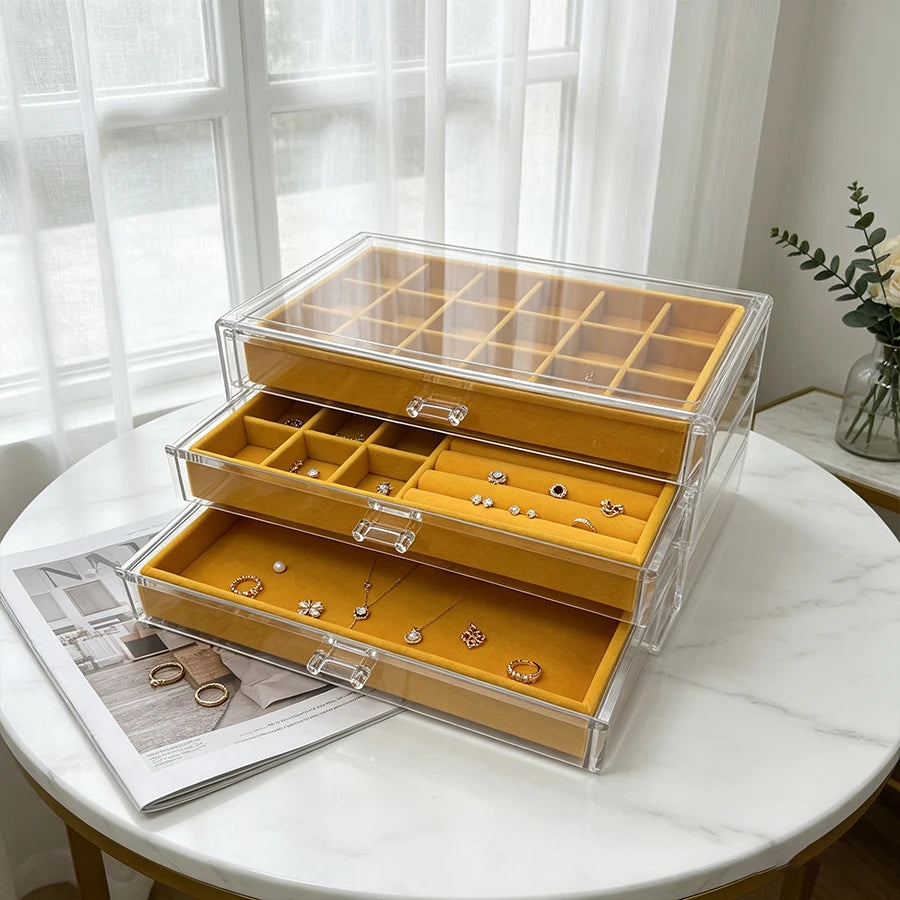 boîte bijoux transparente jaune velours moderne poignées rangement bague boucle d'oreille organisation trois niveaux