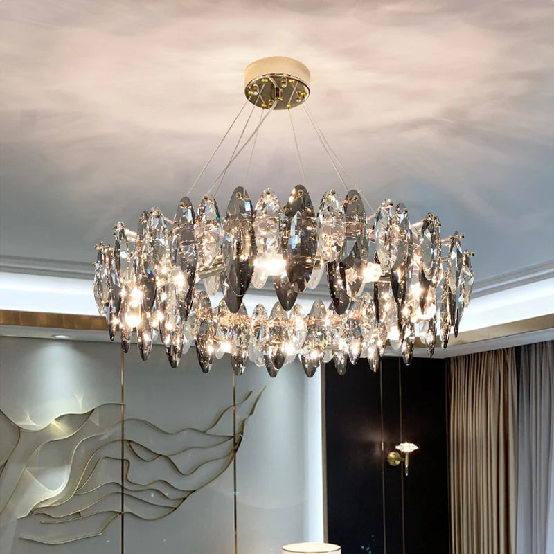 Suspension lumineuse moderne cristal transparent doré facettes géométriques ampoules LED 10 15m²