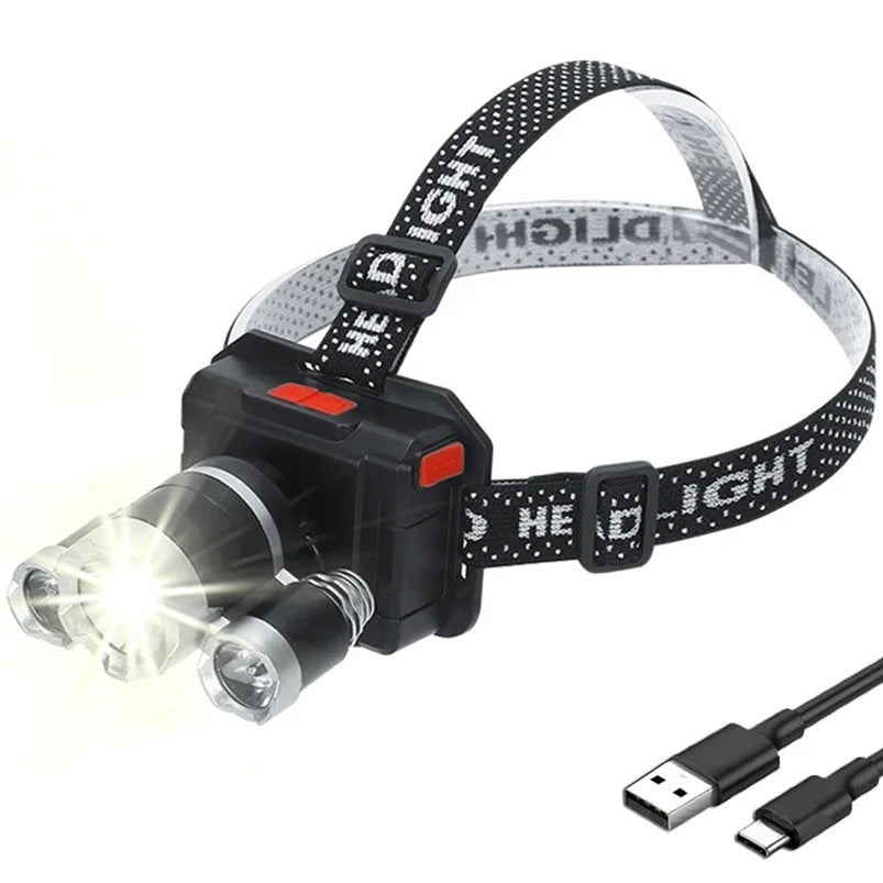 lampe frontale led beige rechargeable usb ceinture ajustable modes éclairage pratique robuste