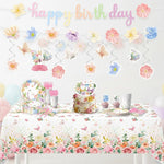 décoration fête anniversaire enfants guirlande happy birthday assiettes serviettes gâteau tasses bonbons floral papillons