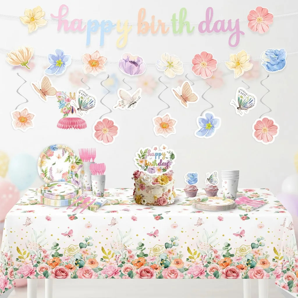 décoration fête anniversaire enfants guirlande happy birthday assiettes serviettes gâteau tasses bonbons floral papillons