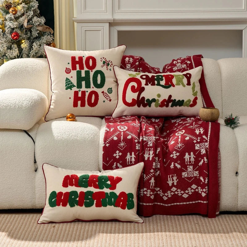 housse coussin noël brodée ho ho ho merry christmas rouge vert polyester coton respectueux