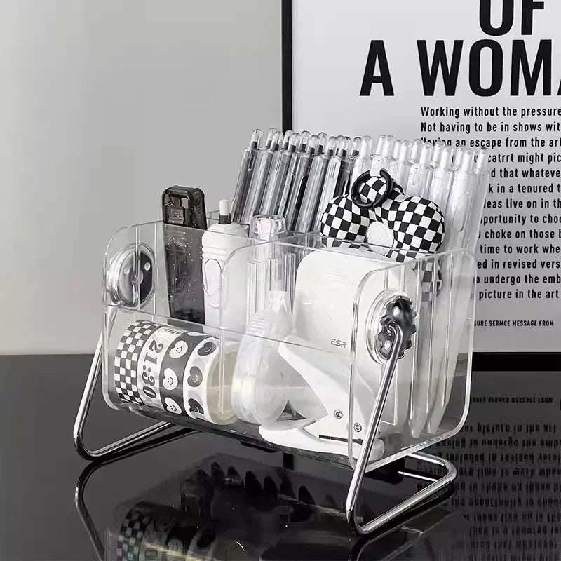 rangements transparent moderne compartiments stylos telephone livre rubans maquillage calendrier notes clavier