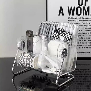 rangements transparent moderne compartiments stylos telephone livre rubans maquillage calendrier notes clavier
