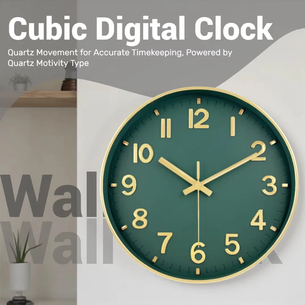 horloge murale quartz moderne vert foncé doré aiguille sans tic minimaliste 20cm 25cm 30cm