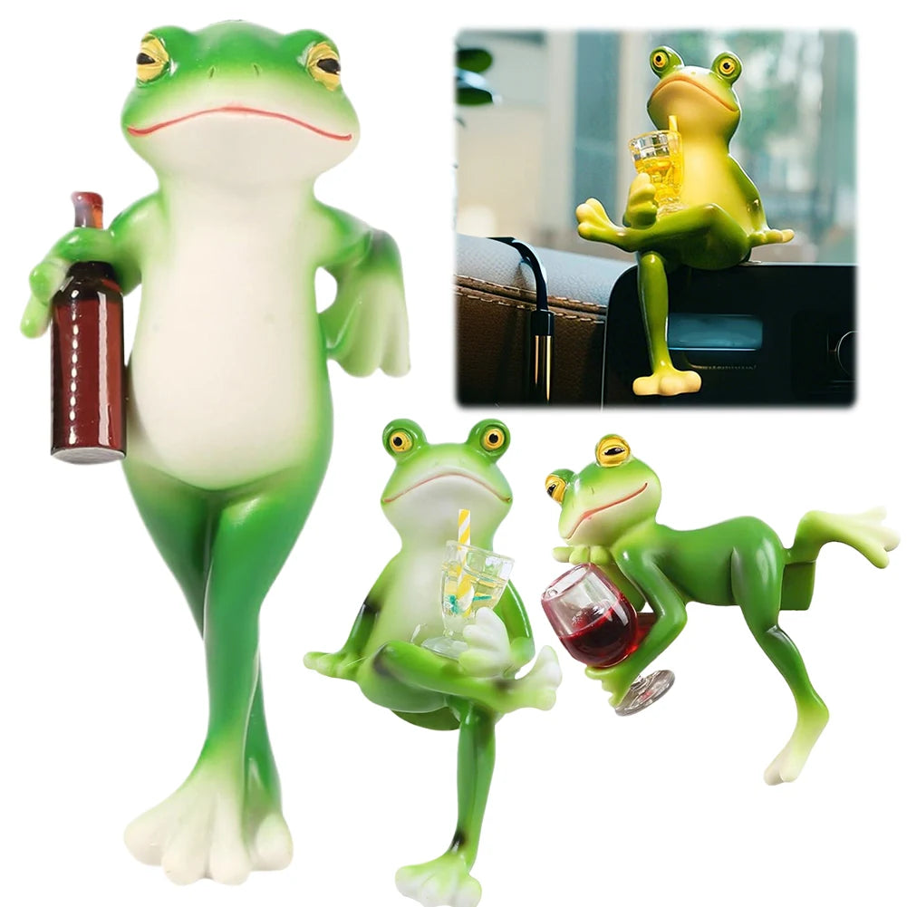 statue grenouille résine verte détaillée sculpture miniature verre boisson blanc articulée decoration plantes pot