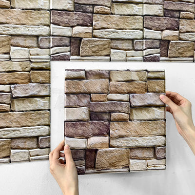 Stickers carrelage 3D effet pierre champagne sur mur de cuisine