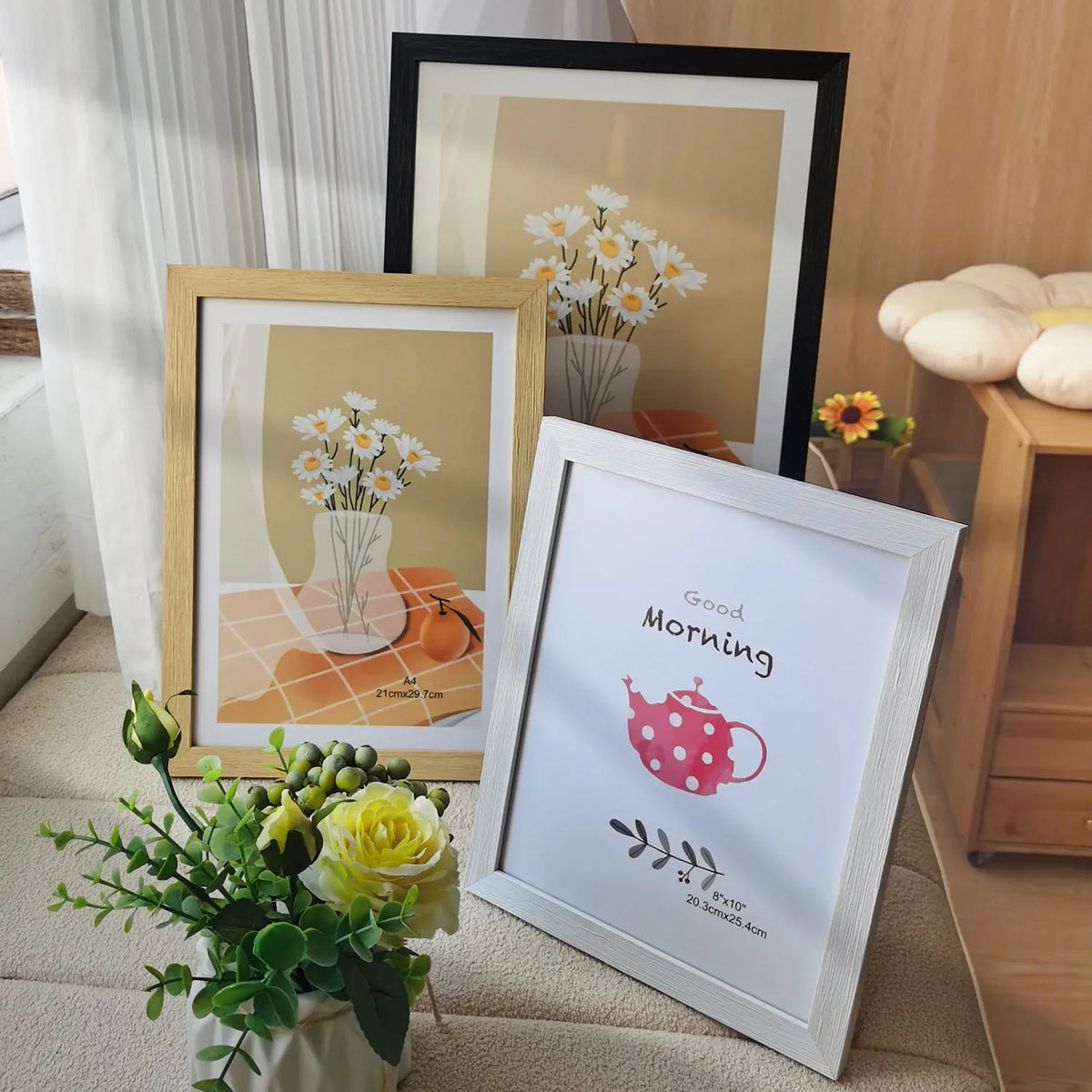 Cadre photo moderne transparent illustration fleurs théière 8x10 beige noir gris clairversible crochets