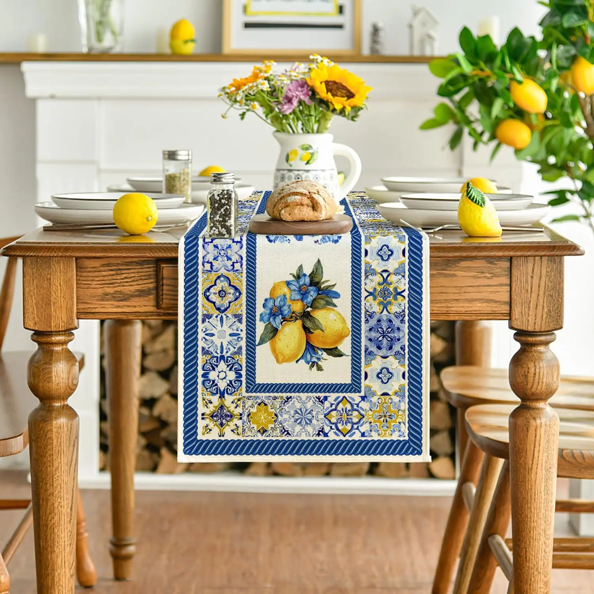 tableau lin motif floral citron été blanc bleu jaune decoration maison rustique classic