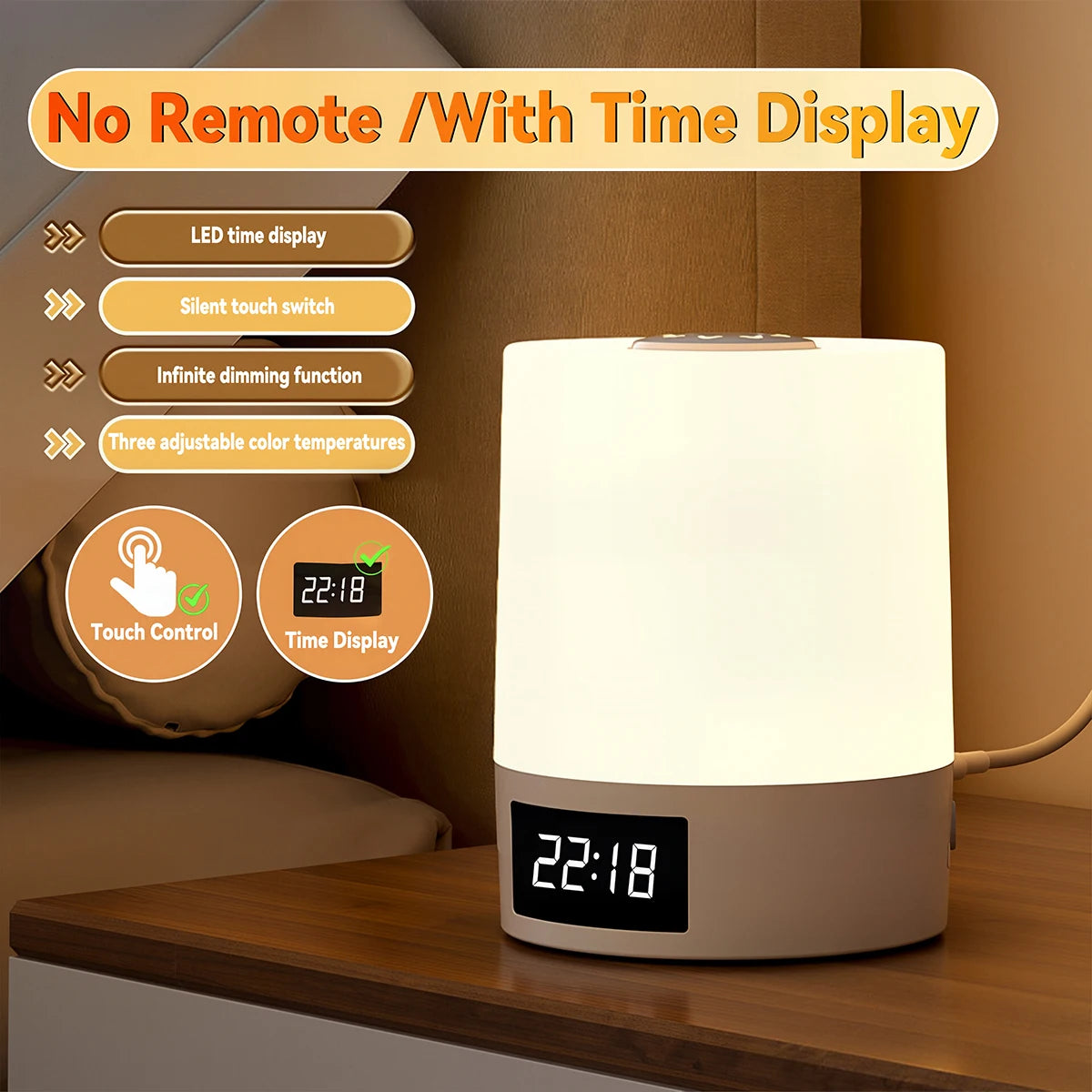 lampe chevet tactile rechargeable affichage heure beige blanc moderne