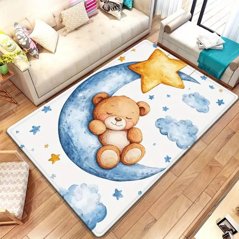 tapis ours dormir lune moderne dessin animé enfant blanc bleu beige