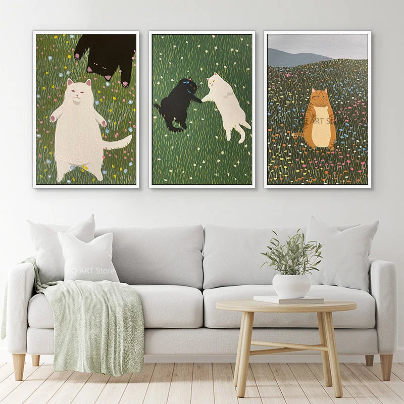 Toile d'art moderne illustration chats scènes naturelles salon chambre vert blanc noir bleu orange