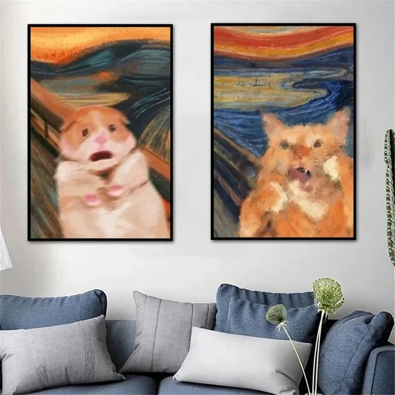 affiche moderne toile peinte huile chat hamster dessin animé orange beige bleu moderne pop