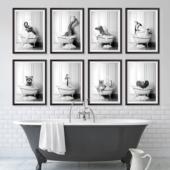 Tableau d'art mural animaux noir et blanc pour salle de bain