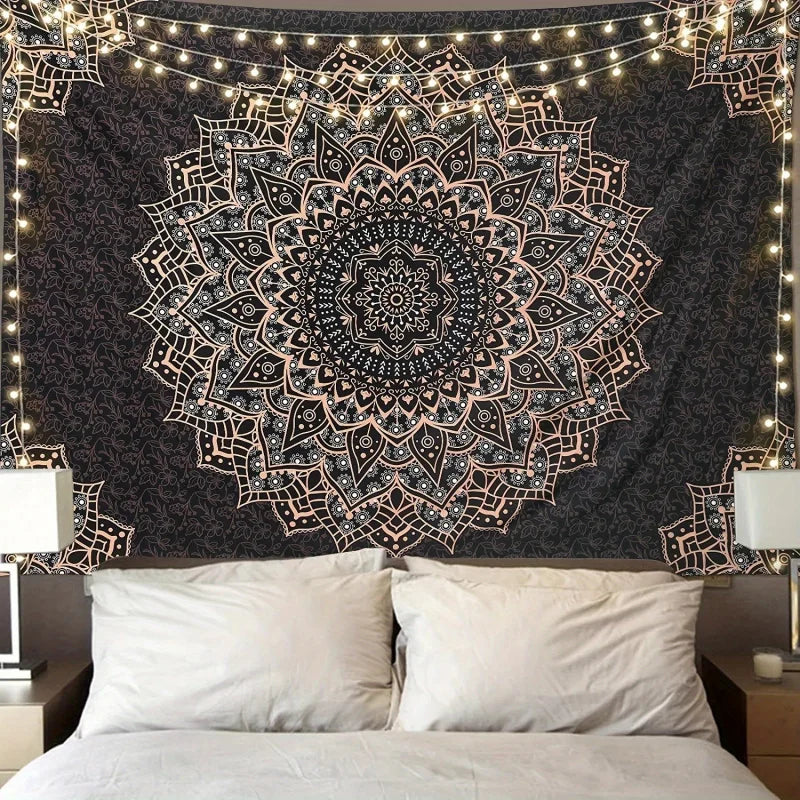 tapisserie mandala boho chic noir blanc rose doré géométrique living bedroom entryway coffee tea