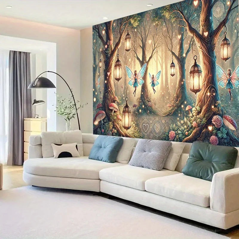 tapisserie magique forêt fées lanternes champignons roses géométriques vert bleu doré salon