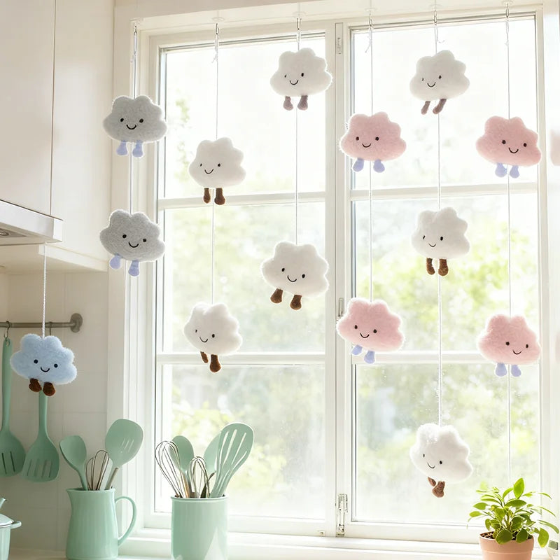 rideau suspendu decoration nuages personnages doux bleu blanc rose enfant féminin aspect laineux opacité