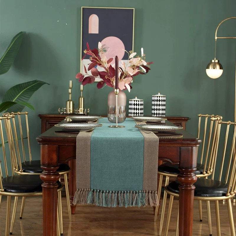 table cheminement lin naturel patchwork beige marron classique maison festif deco