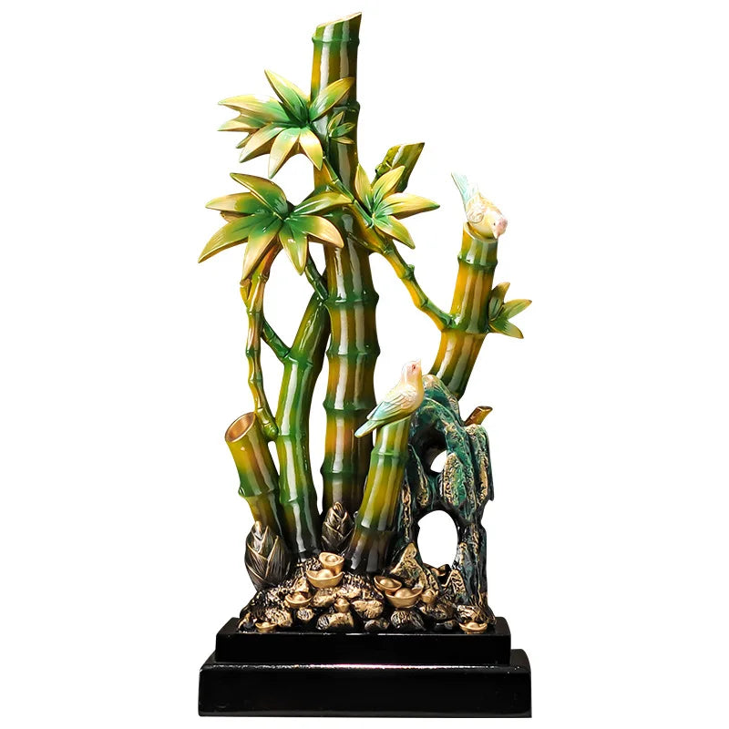 sculpture décorative bambou oiseaux vert marron asiatique traditionnel résine verte jaune