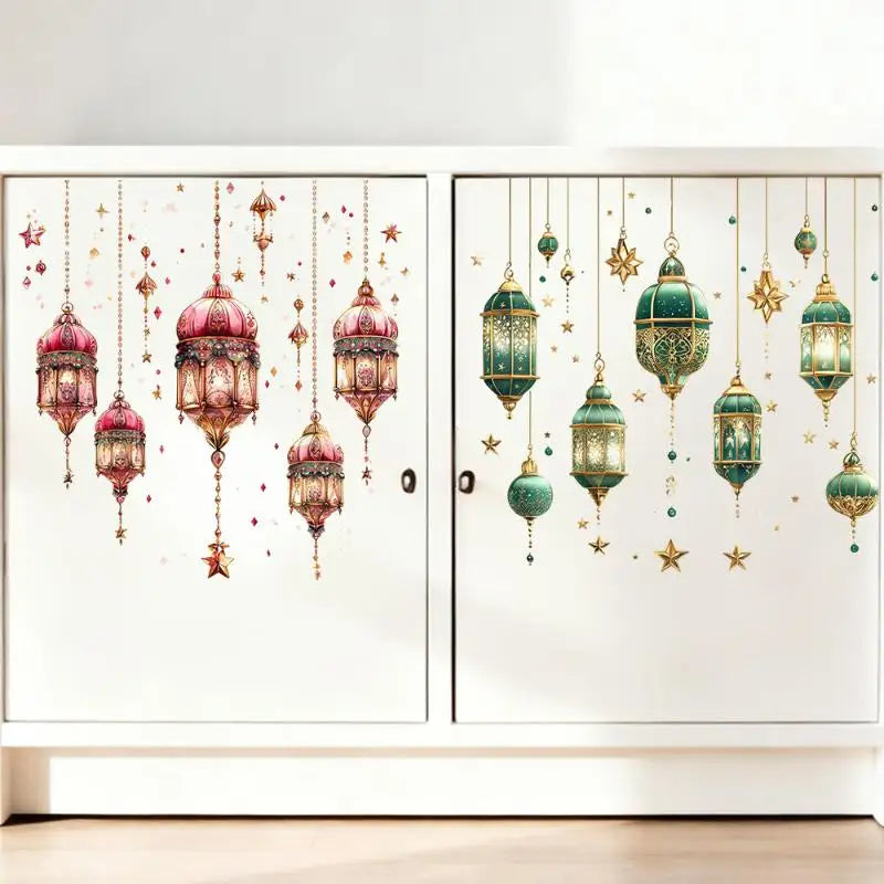 décoration ramadan stickers muraux lanternes colorées lune étoiles dorées floral violet vert rose artisanal