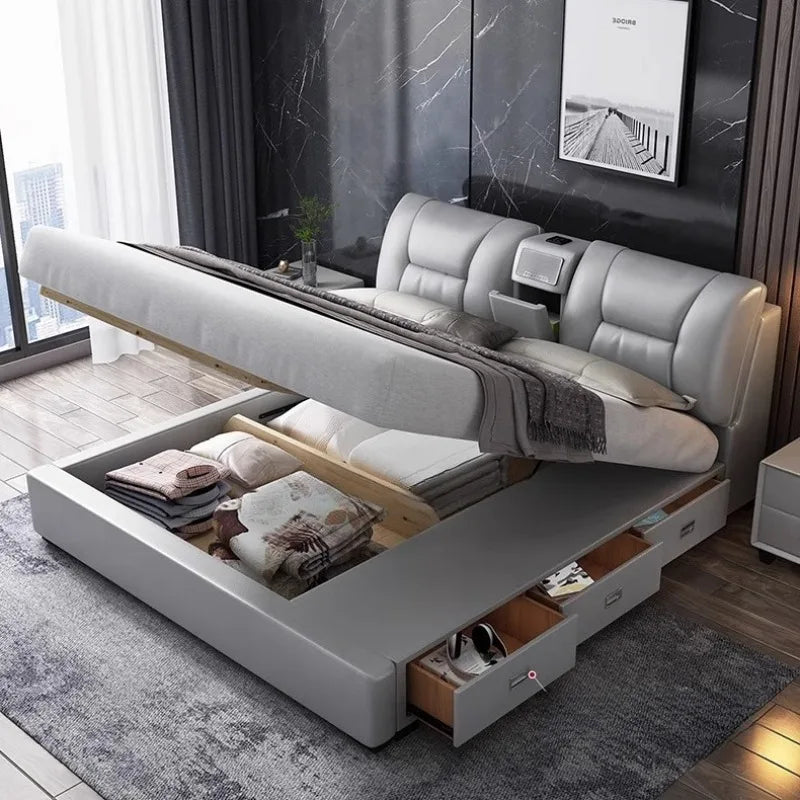 lit double moderne gris clair simili cuir tiroirs latéraux table chevet