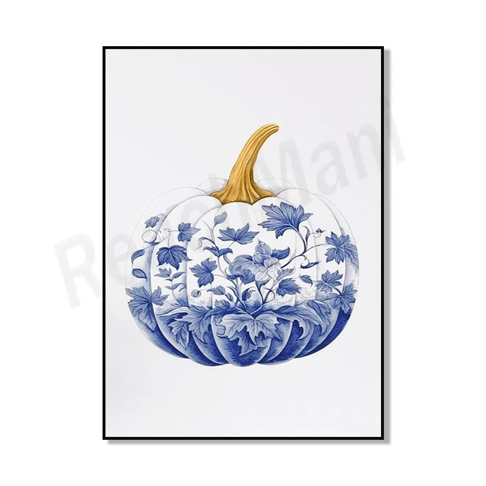 Citrouille décorative ornée de motifs bleus floraux et de dorures élégantes sur un fond blanc.