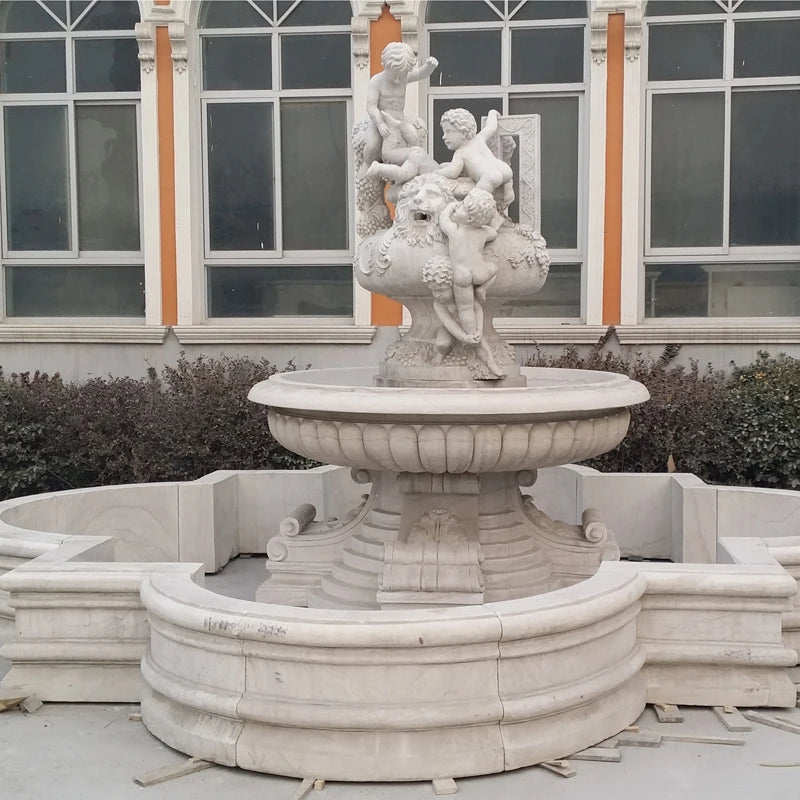 fontaine d'eau marbre noire blanche ornements floraux classique baroque jardinextérieur decoration handcarved polishedsurface