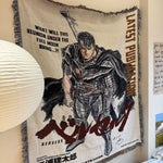 tapisserie dessin animé berserk personnage épée armure noir blanc gris bleu rouge marron jacinthe