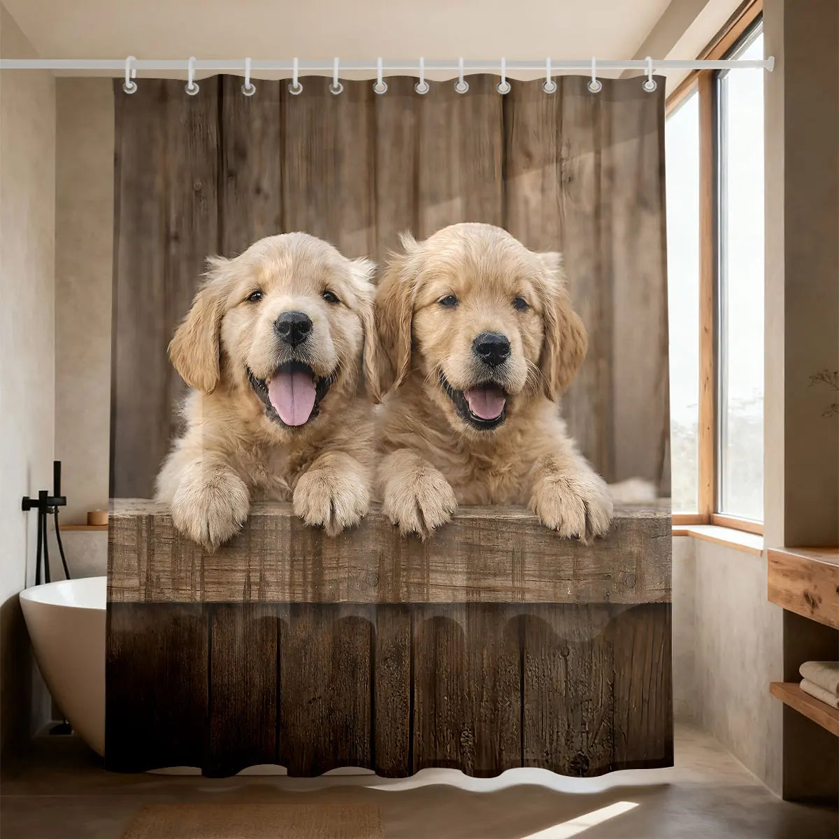 rideau douche rustique chiens fond bois opaque blanc marron clair classique 90x180cm