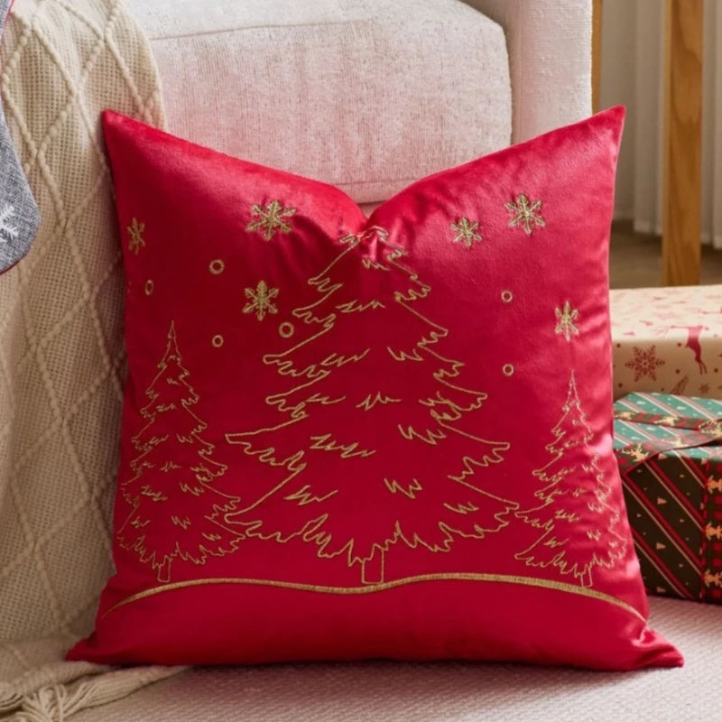 housse coussin brodée arbre noël moderne 45x45cm polyester coton velours rouge vert bleu gris