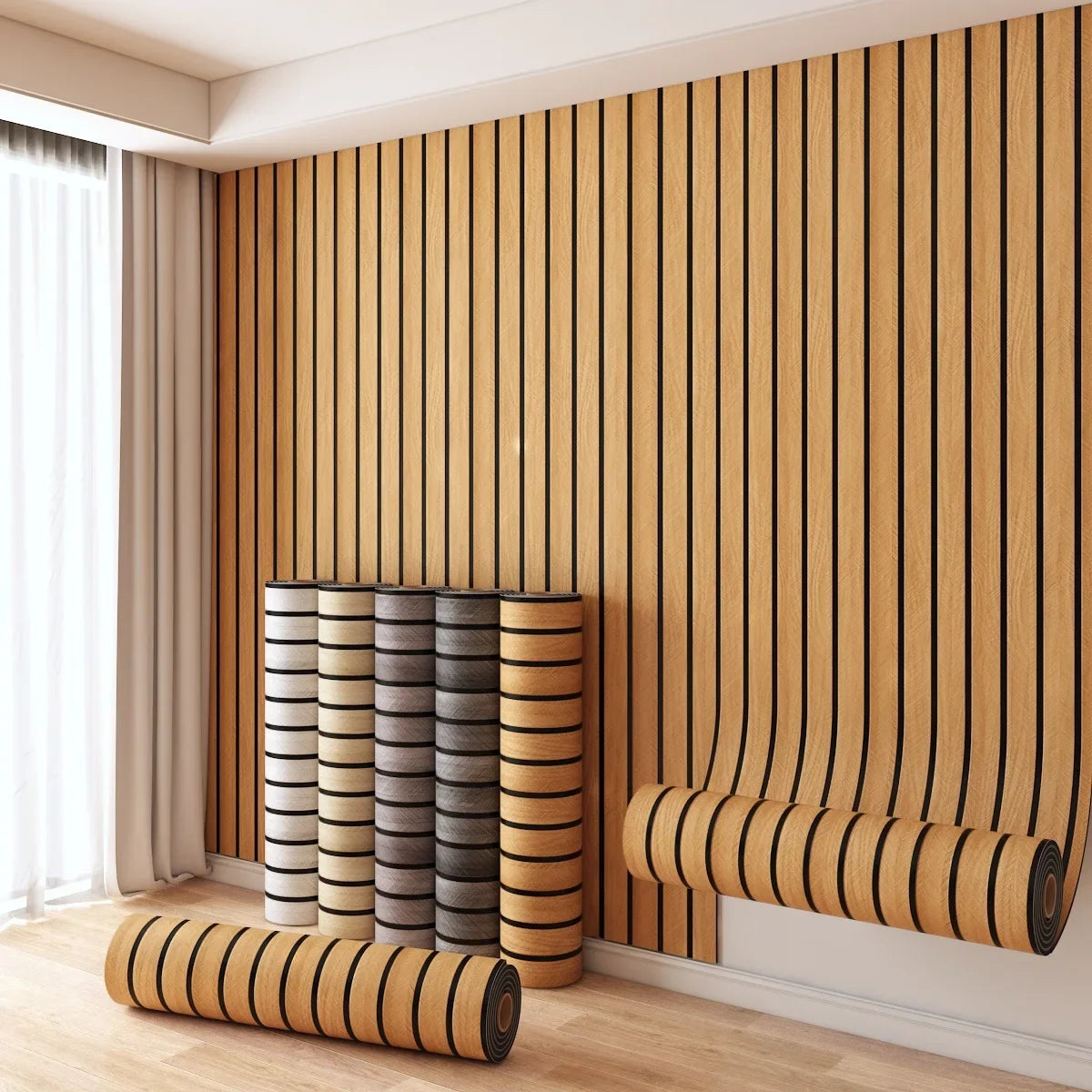 papier peint vinyle moderne rayures imitation bois marron clair noir autocollant respectueux environnement chambre