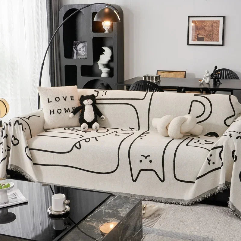 couverture canapé moderne motif chats blanc noir oreiller peluche décorative