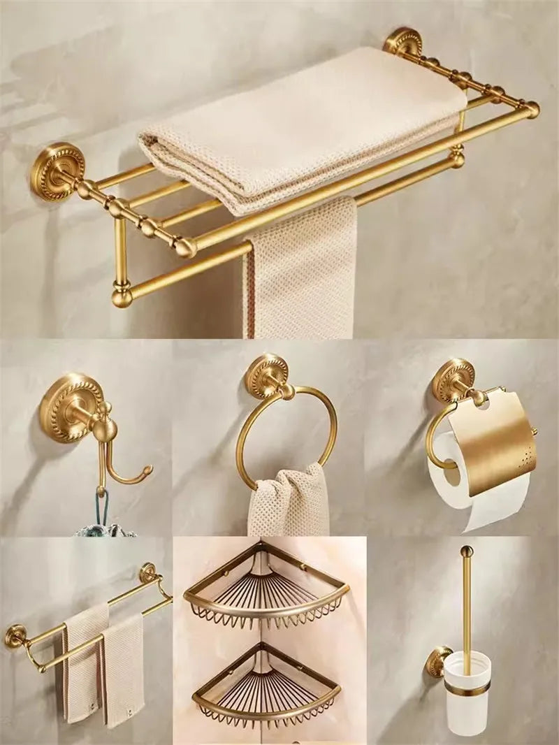 accessoires salle bain doré porte serviettes crochet classique finition antique fixations murales ensemble quincailleries