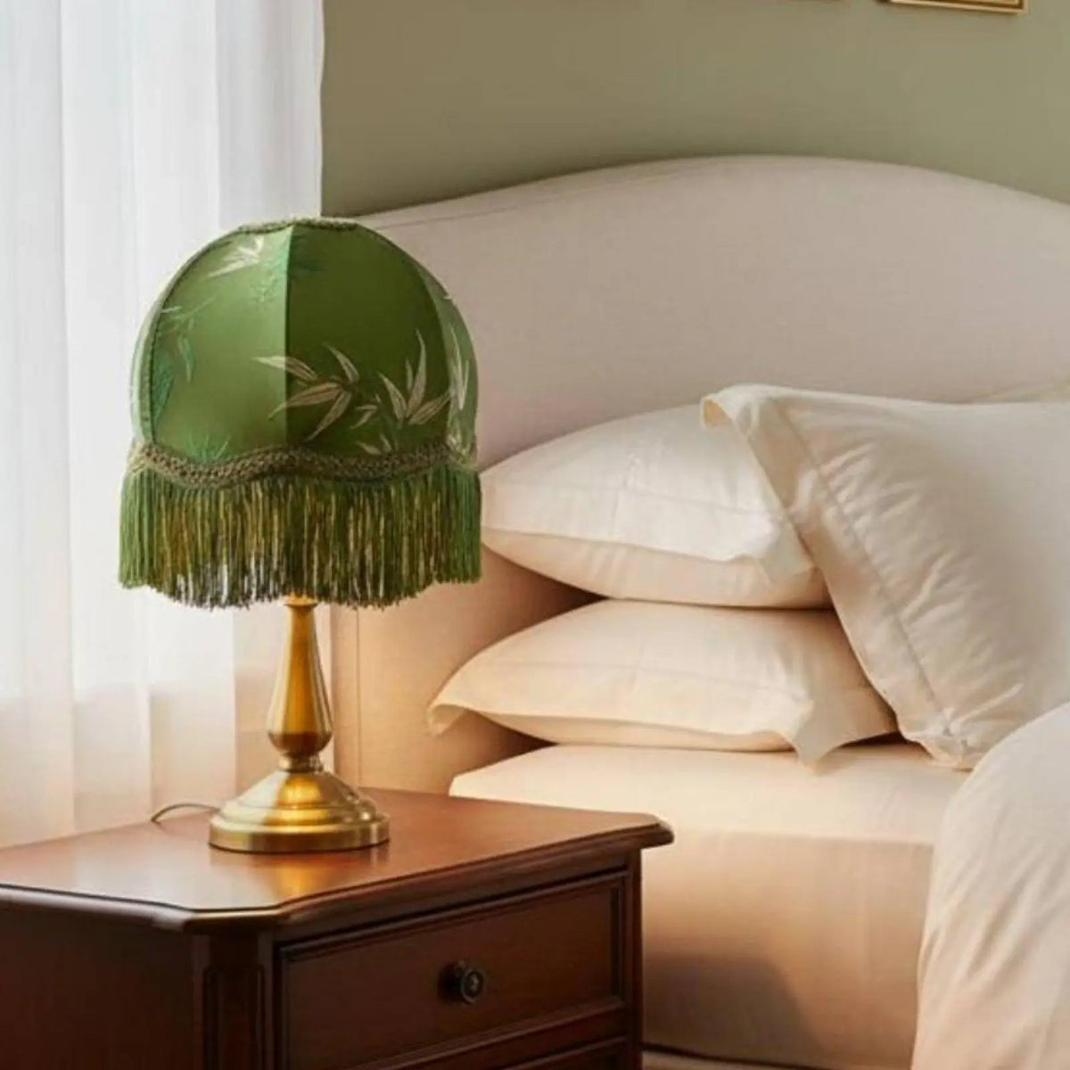 abat jour vert feuilles classique franges opacité tissu lampe décoration chambre moderne vintage