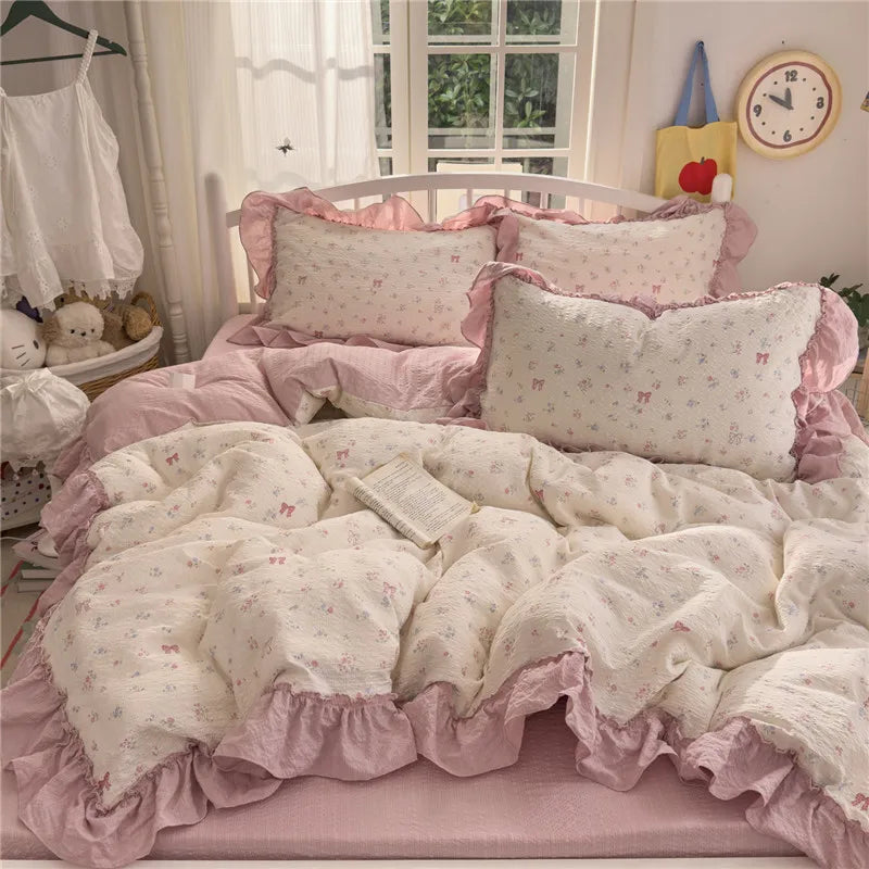 ensemble literie princesse housse couette drap taies oreiller fleurs roses romantique doux